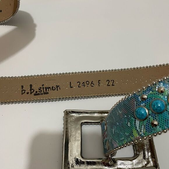 b.b. Simon Swarovski Rhinestone Embellished Blue Leather Belt With Studs L